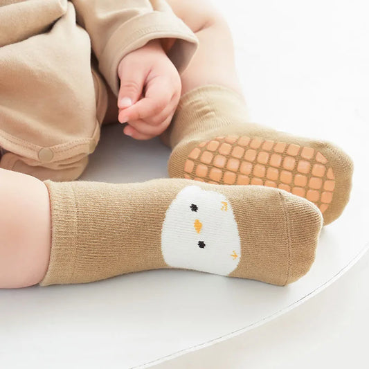 6 Pairs Kids Non-Slip Socks Cute Cartoon Fox and Bear Pattern Childrens Boys Girls Floor Socks Comfortable for Toddler